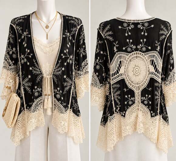 Kindred Tops - Boho Kimono Cardigan Black Ecru Crochet Lace Embroidered Duster Womens Plus 2X